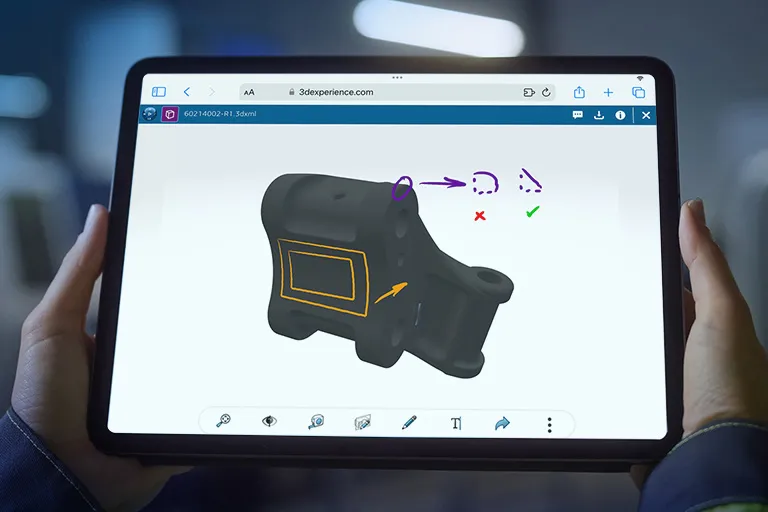 3DEXPERIENCE Worksユーザーインターフェイスを使用して、3Dモデルのマークアップを表示しているタブレット