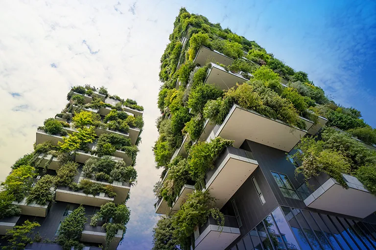 high rise buildings covered in green plants - 3DEXPERIENCE Works platform